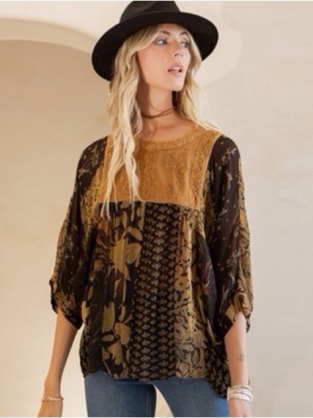 Boho Patchwork Peasant Top in Mustard and Black